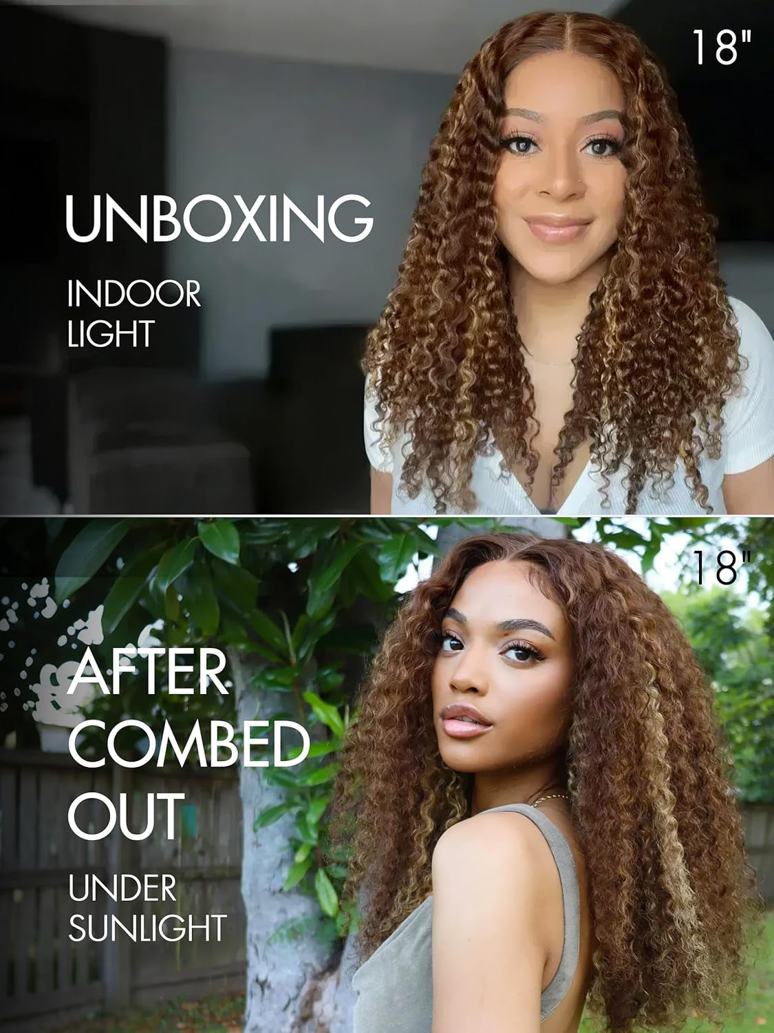 LUVME 18 Inch Brown Highlight Kinky Curly Lace Front Wigs Human Hair 5X5 Transparent Human Hair Lace Frontal Wigs for Women 180% Density Curly Glueless Human Hair Wigs Pre Plcked