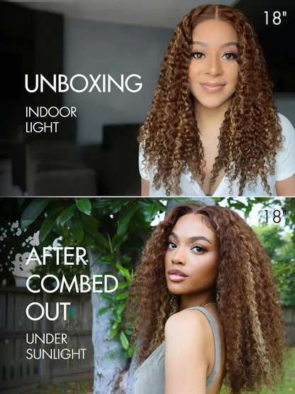 LUVME 18 Inch Brown Highlight Kinky Curly Lace Front Wigs Human Hair 5X5 Transparent Human Hair Lace Frontal Wigs for Women 180% Density Curly Glueless Human Hair Wigs Pre Plcked