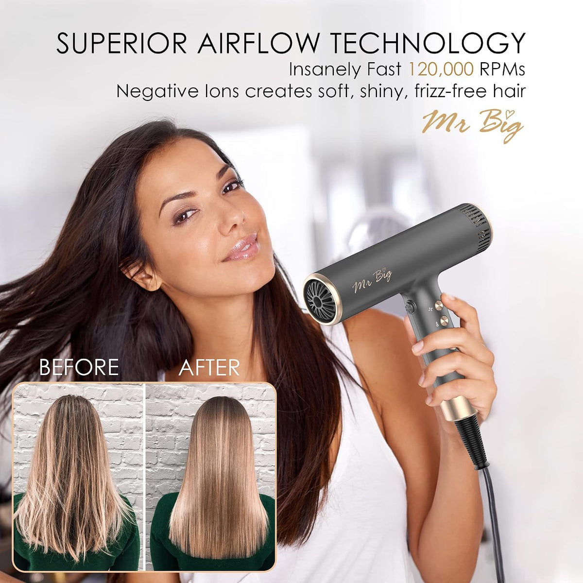 Mr Big Hair Dryer Italian Style Professional Ionic anti Frizz with Intelligent Temperature Sensor, Lightweight at 12Oz, Self-Cleaning Brushless Motor, T-Shaped, Insanely Powerful Air Flow 120,000 Rpms