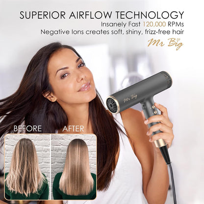 Mr Big Hair Dryer Italian Style Professional Ionic anti Frizz with Intelligent Temperature Sensor, Lightweight at 12Oz, Self-Cleaning Brushless Motor, T-Shaped, Insanely Powerful Air Flow 120,000 Rpms