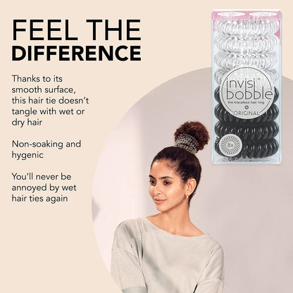 Original Traceless Spiral Hair Ties - Pack of 8, Crystal Clear and True Black- Strong Elastic Grip Coil Accessories for Women - Non Soaking - Gentle for Girls Teens and Thick Hair