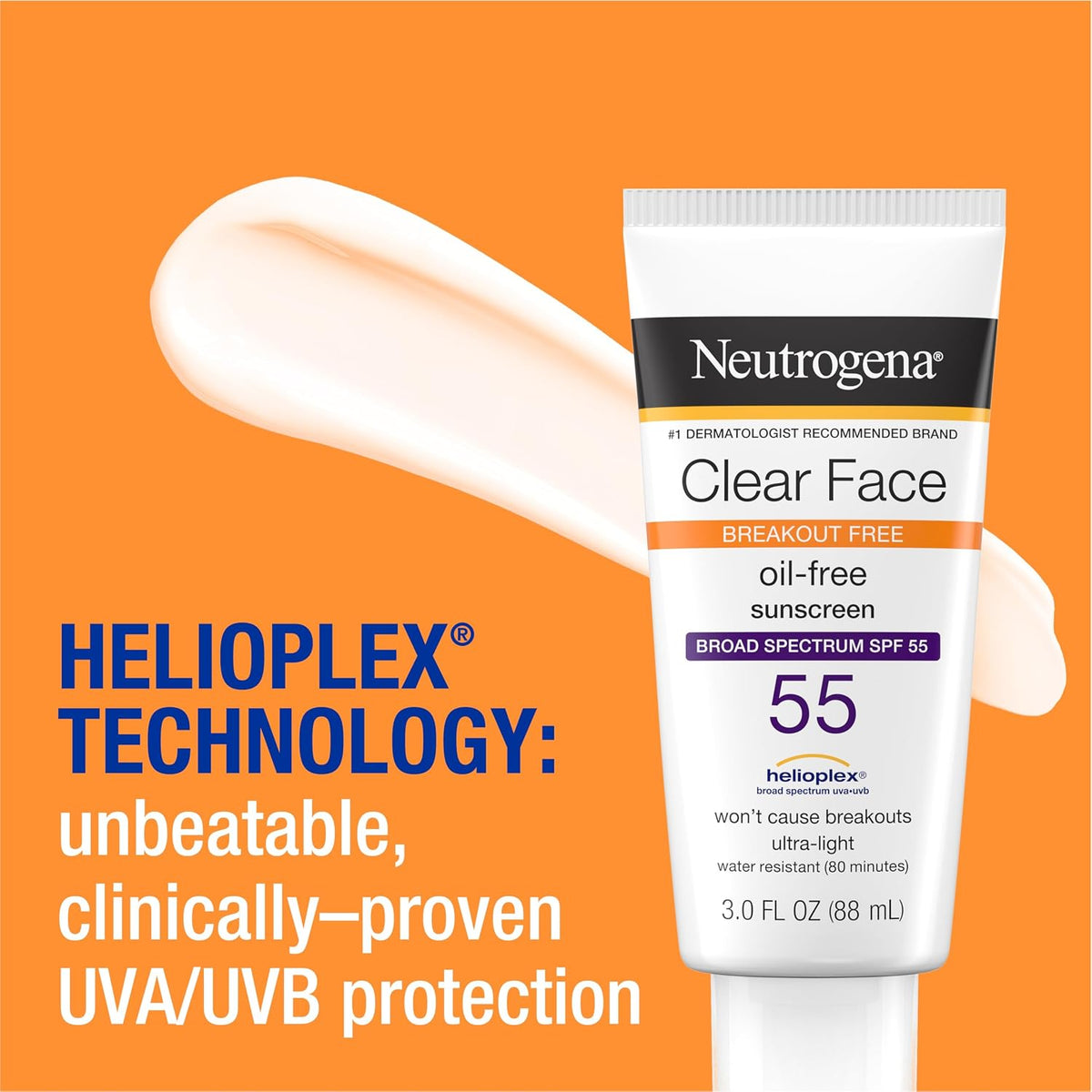 Neutrogena Clear Face Sunscreen Lotion for Acne-Prone Skin, Broad Spectrum SPF 55 Facial Sunscreen for Oily Skin, Oil-, Fragrance- & Oxybenzone-Free Water Resistant Sunscreen, 3 Fl. Oz