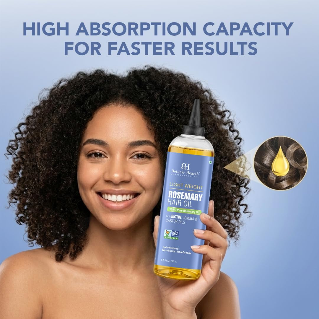 Lightweight Rosemary Hair Oil 6.7 Fl Oz | Non-Greasy Oil for Fine & Thin Hair | with Rosemary, Castor Oil & Biotin | Smooths Frizz & Adds Shine | for Men & Women