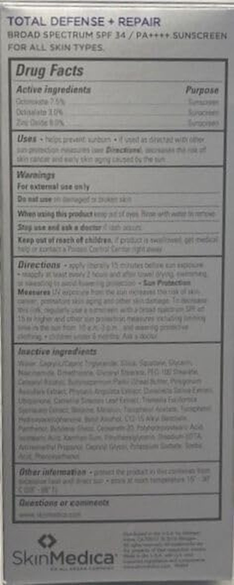 Skinmedica Total Defense + Repair SPF 34 Sunscreen for Face