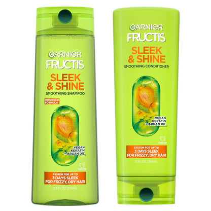 Garnier Fructis Sleek & Shine Shampoo and Conditioner Set for Dry, Frizzy Hair, up to 72 Hours of Frizz Control, Smooths Flyaways & Boosts Shine, 22 + 21 Fl Oz (Packaging May Vary)