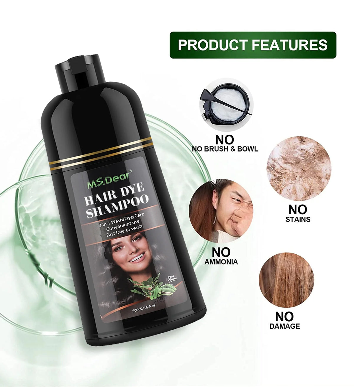 Black Hair Dye Shampoo ​Natural Hair Dye for Women & Men Gray Coverage Hair Color Shampoo for Dark Hair Long Lasting Results 16.9 Fl.Oz