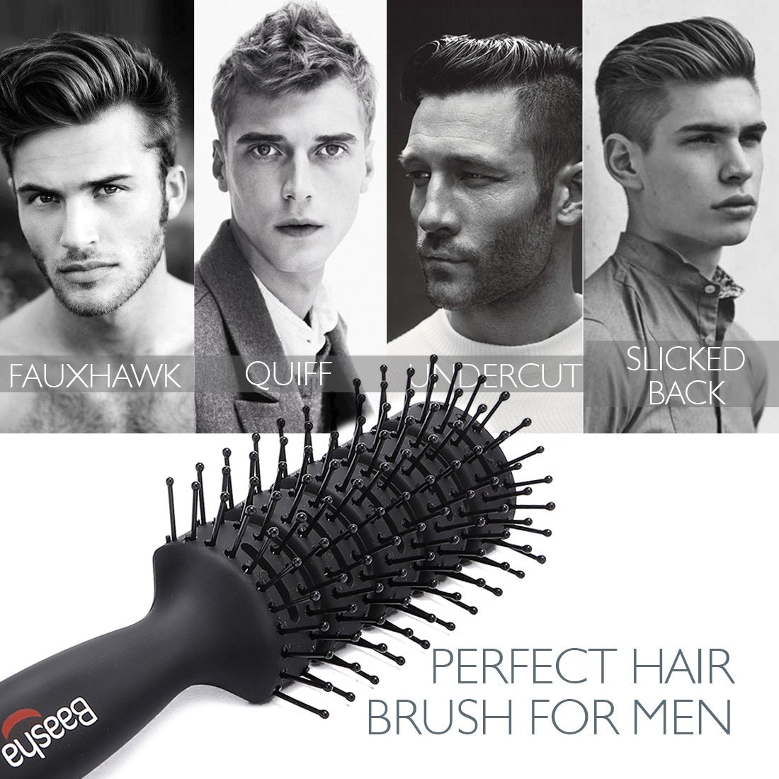 Hair Brush, Vented Brush for Blow Drying, Mens Short Hair Brush with Ball Tipped Bristles, Best for Wet or Dry Hair - Black