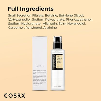 Snail Mucin 96% Repairing Serum for Sooothing & Hydrating 3.38 Oz. | Snail Secretion Filtrate for Dull Skin & Fine Lines, Korean Skin Care