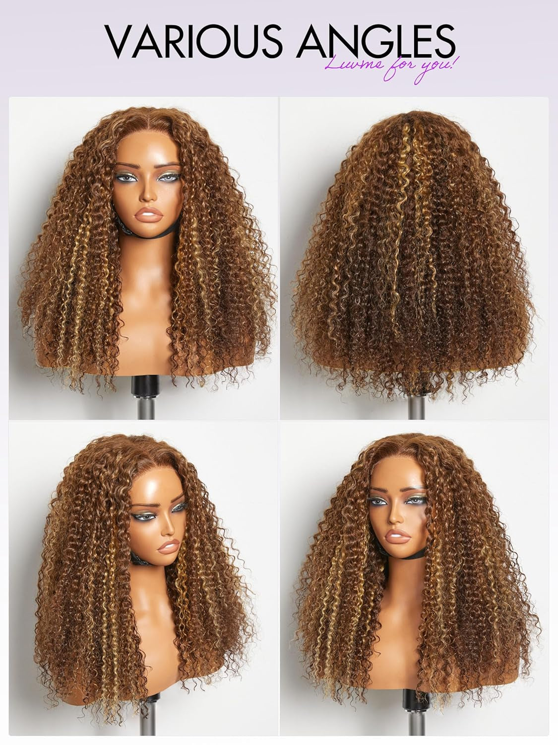 LUVME 18 Inch Brown Highlight Kinky Curly Lace Front Wigs Human Hair 5X5 Transparent Human Hair Lace Frontal Wigs for Women 180% Density Curly Glueless Human Hair Wigs Pre Plcked