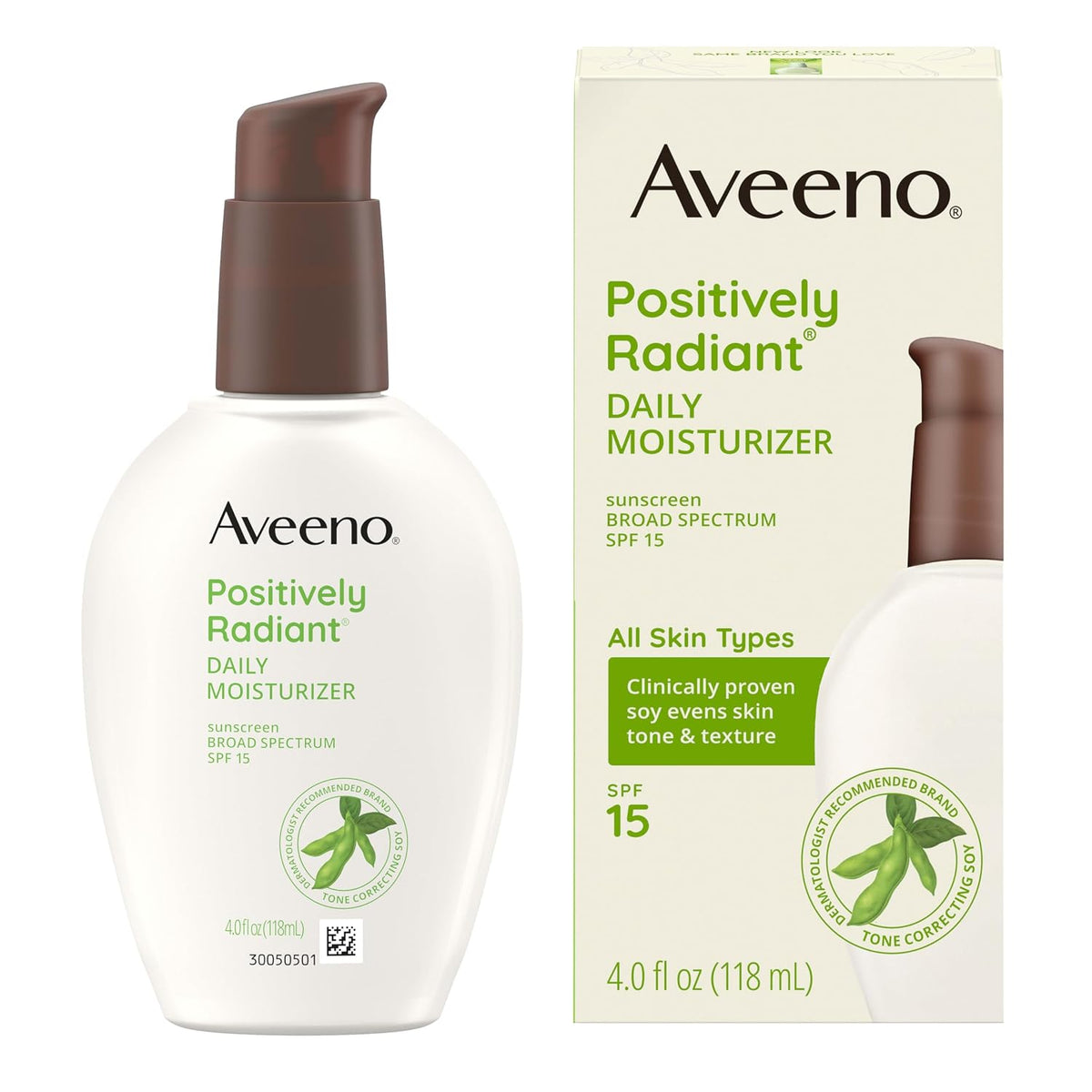 Aveeno Positively Radiant Daily Face Moisturizer with SPF 15 Sunscreen, Hydrating Face Lotion with Soy Extract to Improve Skin Tone and Texture, Hypoallergenic Formula, Oil-Free, 4 Fl Oz | Hydrating Face Lotion with Soy Extract, Improves Skin Tone & Texture, Oil-Free, Hypoallergenic, Non-Comedogenic