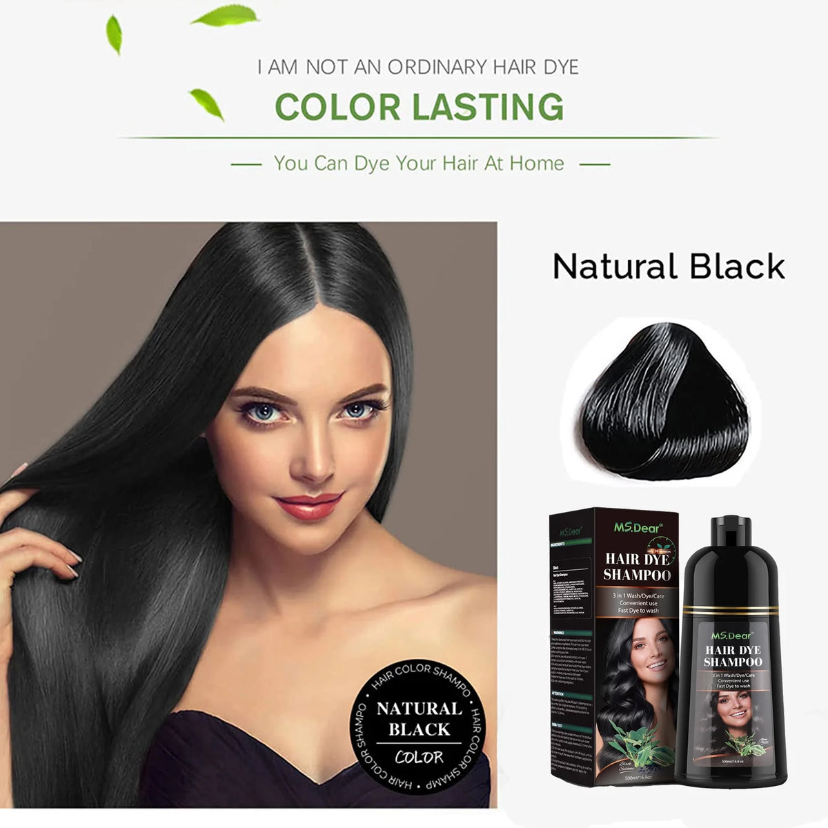 Black Hair Dye Shampoo ​Natural Hair Dye for Women & Men Gray Coverage Hair Color Shampoo for Dark Hair Long Lasting Results 16.9 Fl.Oz