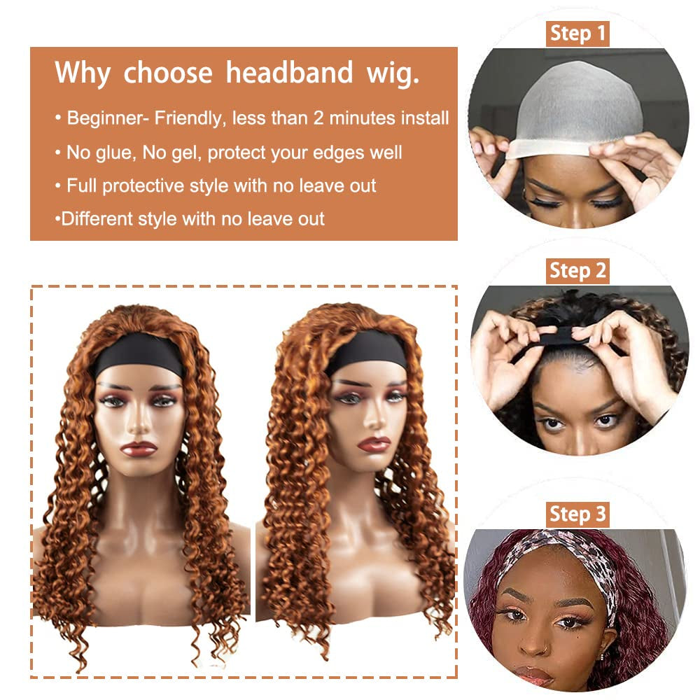 #30 Brown Headband Wig Human Hair Machine Made Curly Wave Headband Wig for Black Women 150% Density None Lace Wig Brazilian Virgin Hair Grade 8A Reddish Brown Headband Wig Human Hair 30 Inch