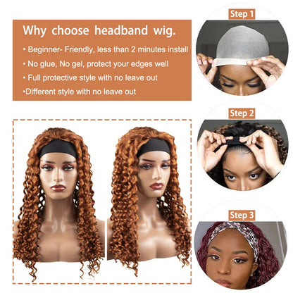 #30 Brown Headband Wig Human Hair Machine Made Curly Wave Headband Wig for Black Women 150% Density None Lace Wig Brazilian Virgin Hair Grade 8A Reddish Brown Headband Wig Human Hair 30 Inch