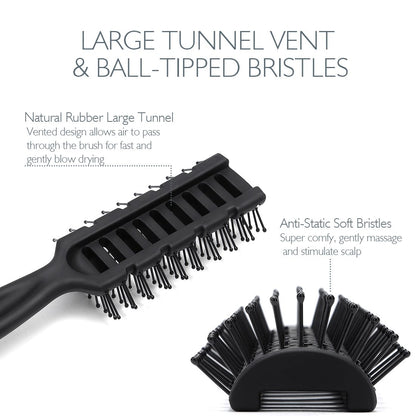 Hair Brush, Vented Brush for Blow Drying, Mens Short Hair Brush with Ball Tipped Bristles, Best for Wet or Dry Hair - Black