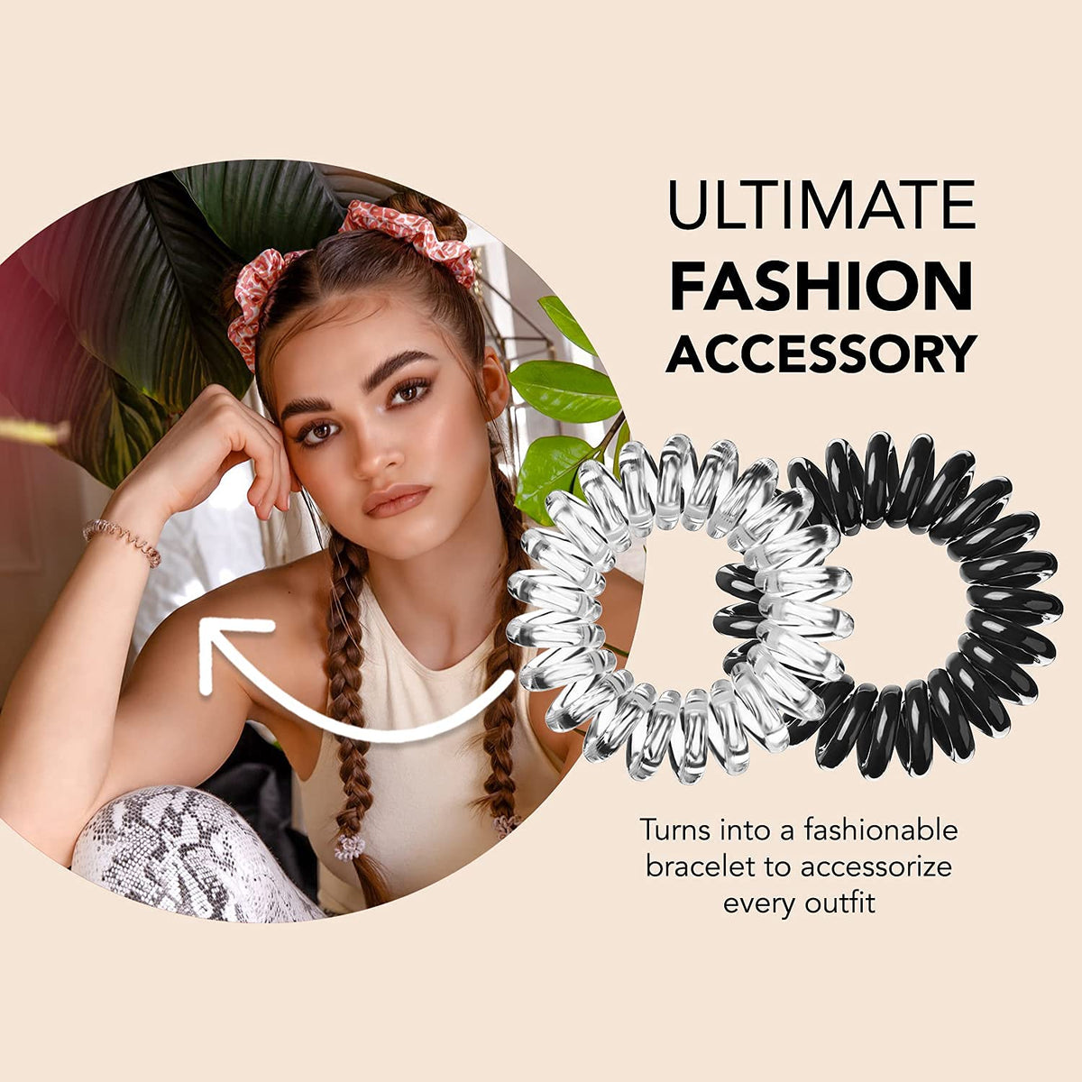 Original Traceless Spiral Hair Ties - Pack of 8, Crystal Clear and True Black- Strong Elastic Grip Coil Accessories for Women - Non Soaking - Gentle for Girls Teens and Thick Hair