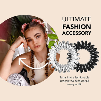 Original Traceless Spiral Hair Ties - Pack of 8, Crystal Clear and True Black- Strong Elastic Grip Coil Accessories for Women - Non Soaking - Gentle for Girls Teens and Thick Hair