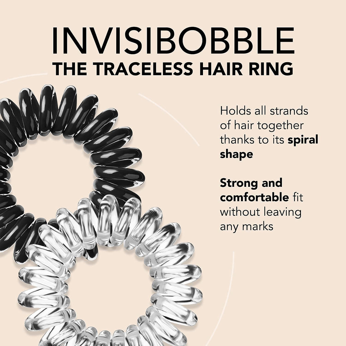 Original Traceless Spiral Hair Ties - Pack of 8, Crystal Clear and True Black- Strong Elastic Grip Coil Accessories for Women - Non Soaking - Gentle for Girls Teens and Thick Hair