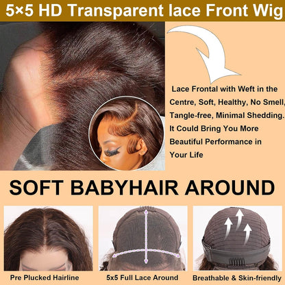 32 Inch 5X5 HD Transparent Lace Front Wigs Human Hair Body Wave - 180% Density Pre Plucked Glueless Frontal Wigs with Baby Hair Chocolate Brown Wig for Women